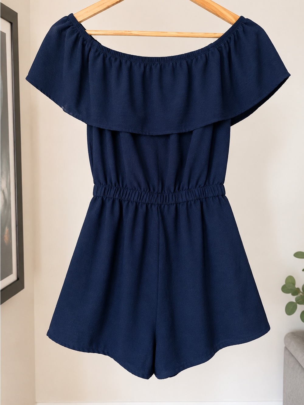 Haute Monde Navy Off Shoulder Ruffle Romper Size S Elastic Waist - Picture 3 of 7